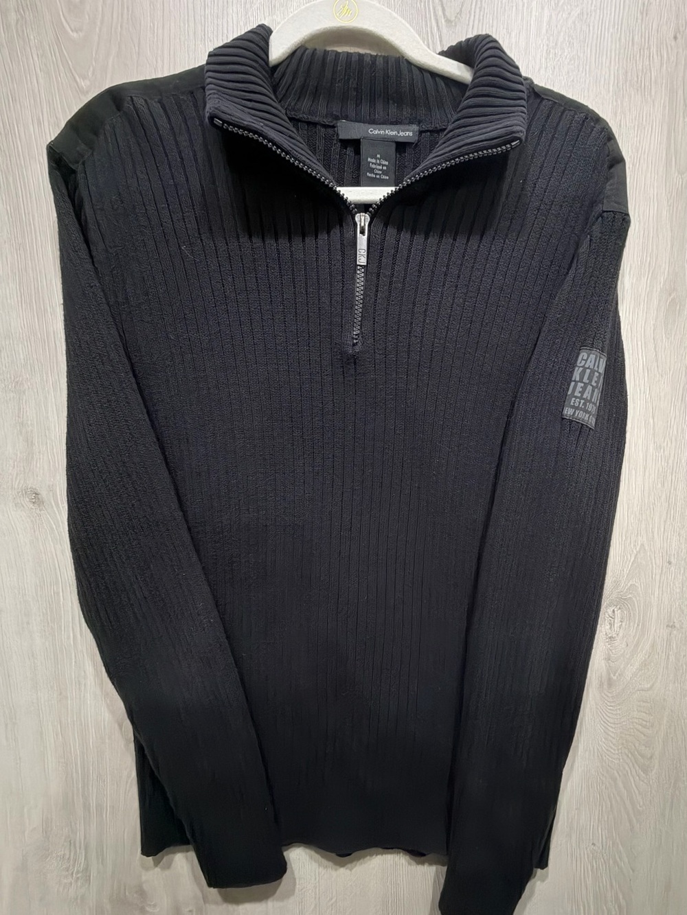 Calvin Klein Jeans Men M Black 100% Cotton Ribbed 1/4 Zip Sweater